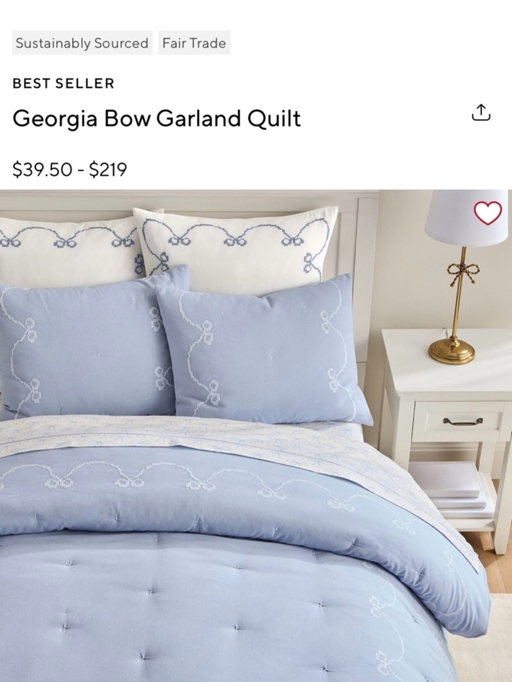 Pottery Barn Teen Pale Blue & White Bow Garland Comforter + 4 shams COMPLETE SET
